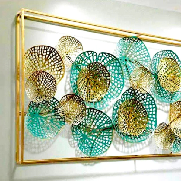 Horizontal 3D Lotus Leaf Metal Wall Art Sculpture with Frame, Buy Floral Metal Wall Hangings in India (48×24 Inches)