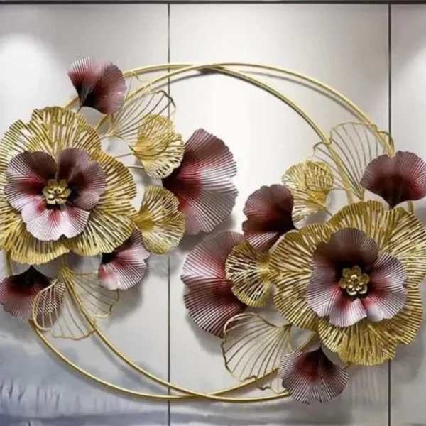 Modern Dark Red and Golden Floral Double Ring Wall Art Online - Buy Luxury Multicolor Flowers Wall Decor in India (Size-50×30 Inches)