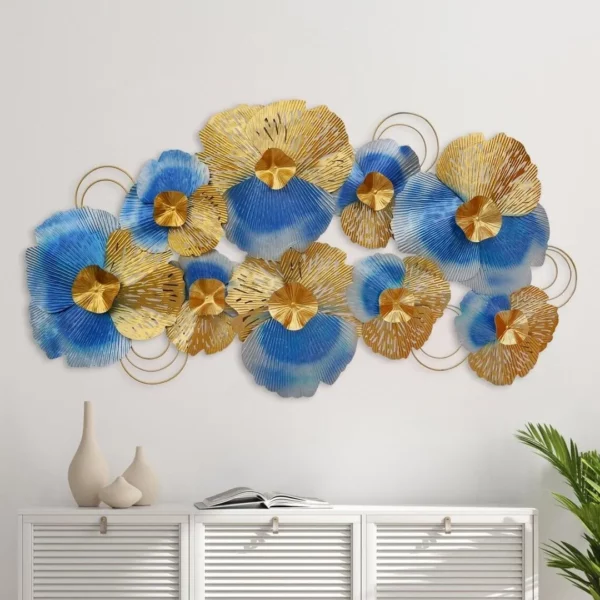 Blue-and-Golden-Iron-Leaf-Panel-Wall-Sculpture-48×24-Inches