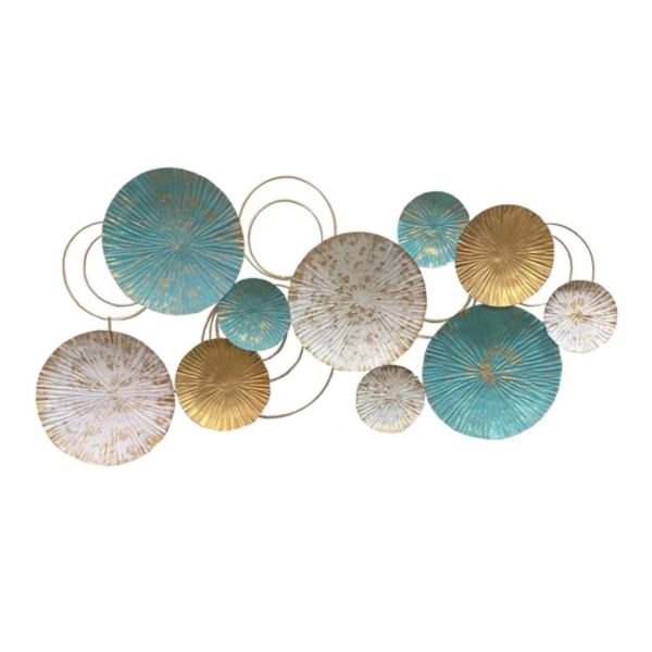 Designer Floral Metal Wall Art Hanging Online - Blue, White & Golden Iron Mettalic Decor Collection (48×24 Inches)