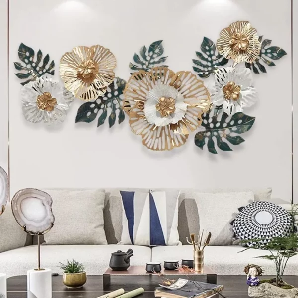 Elegant-Bedroom-Wall-Decor-with-Golden-White-Flowers-Abstract