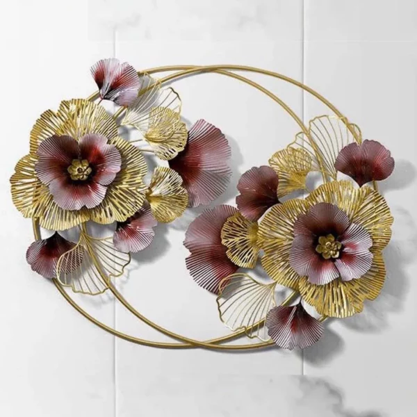 Modern Dark Red and Golden Floral Double Ring Wall Art Online - Buy Luxury Multicolor Flowers Wall Decor in India (Size-50×30 Inches)
