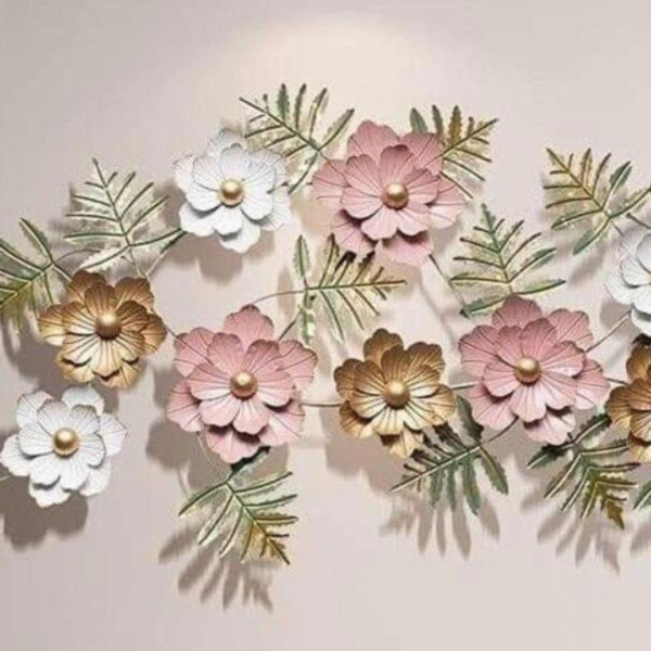 Giant-Metal-Wall-Art-Decorations-Pink-White-Floral-Leaf-Design