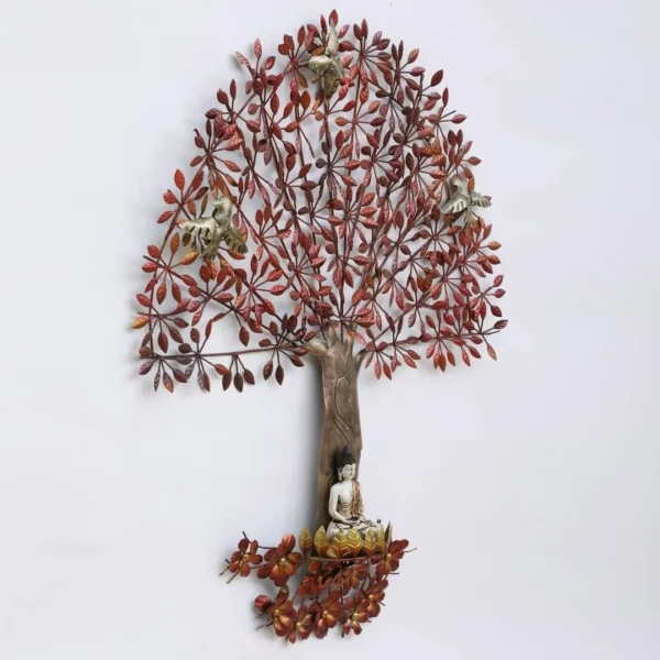 Redish Leafy Tree Wall Sculpture with LED & Meditative Buddha Statue Online - Unique 3D Tree & Bird Metal Wall Decor in India (55×48 Inches)