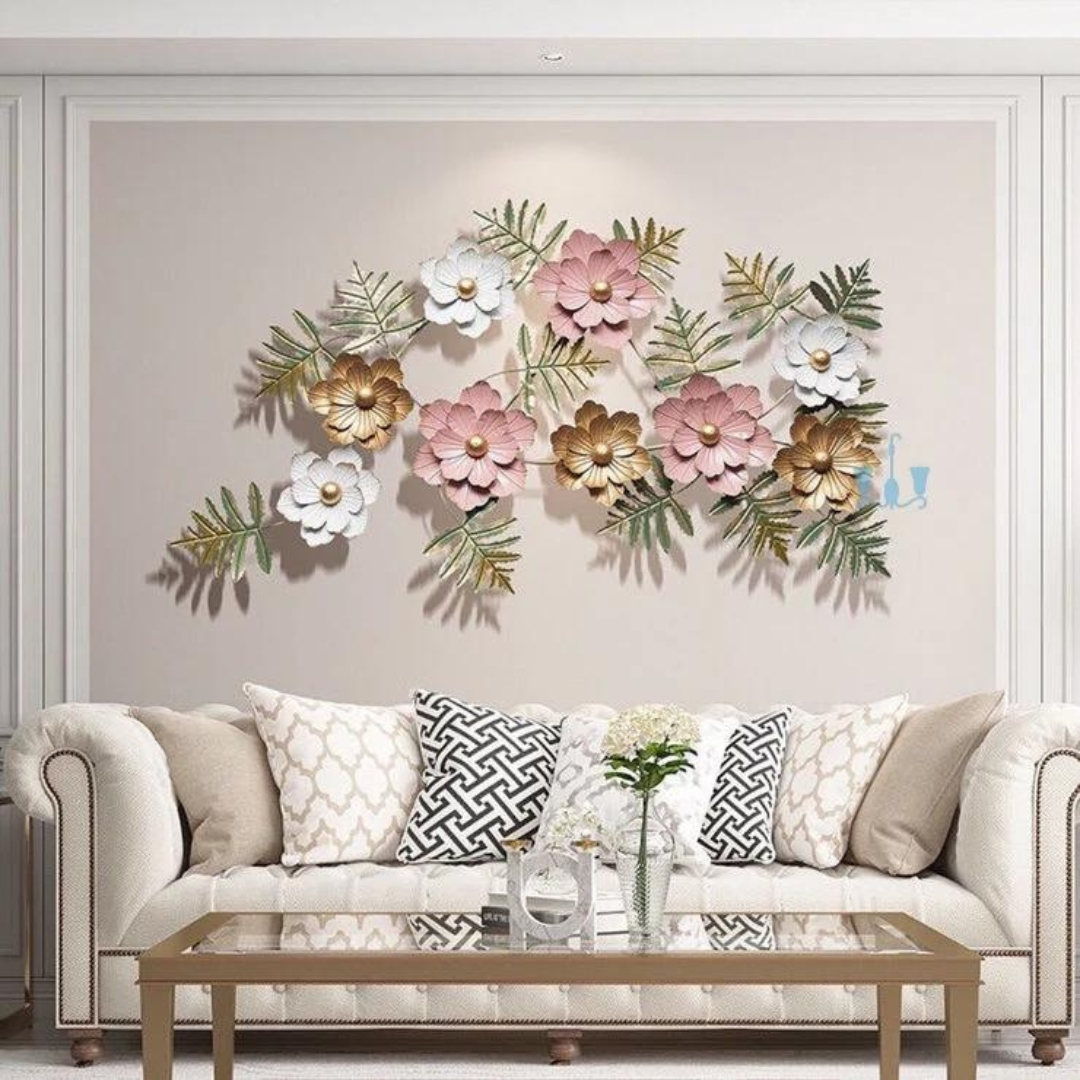 Huge Floral Leaf Metal Wall Hanging in Pink & White for Bedroom