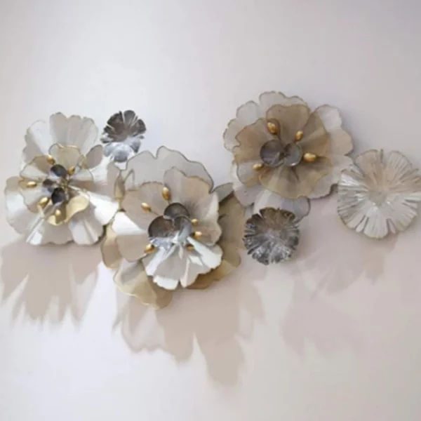 Floral Metallic Wall Art Decor Online - Buy Handmade Blooming Light Blueish Grey & Golden Flowers Wall Hanging for Living Room Bedroom and Office (48×24 Inches)