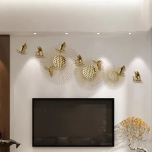 Large-Aluminium-Golden-Birds-with-Sun-Flowers-Wall-Art