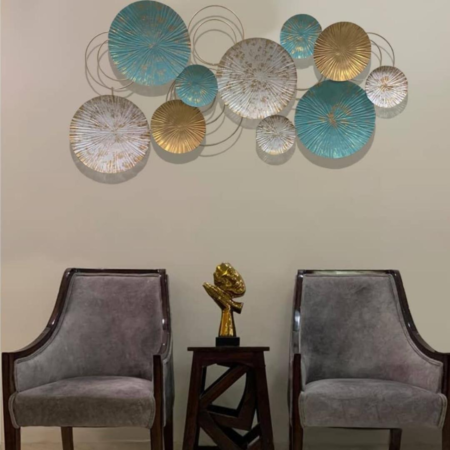 Large Blue, White & Golden Metal Wall Art for Living Room