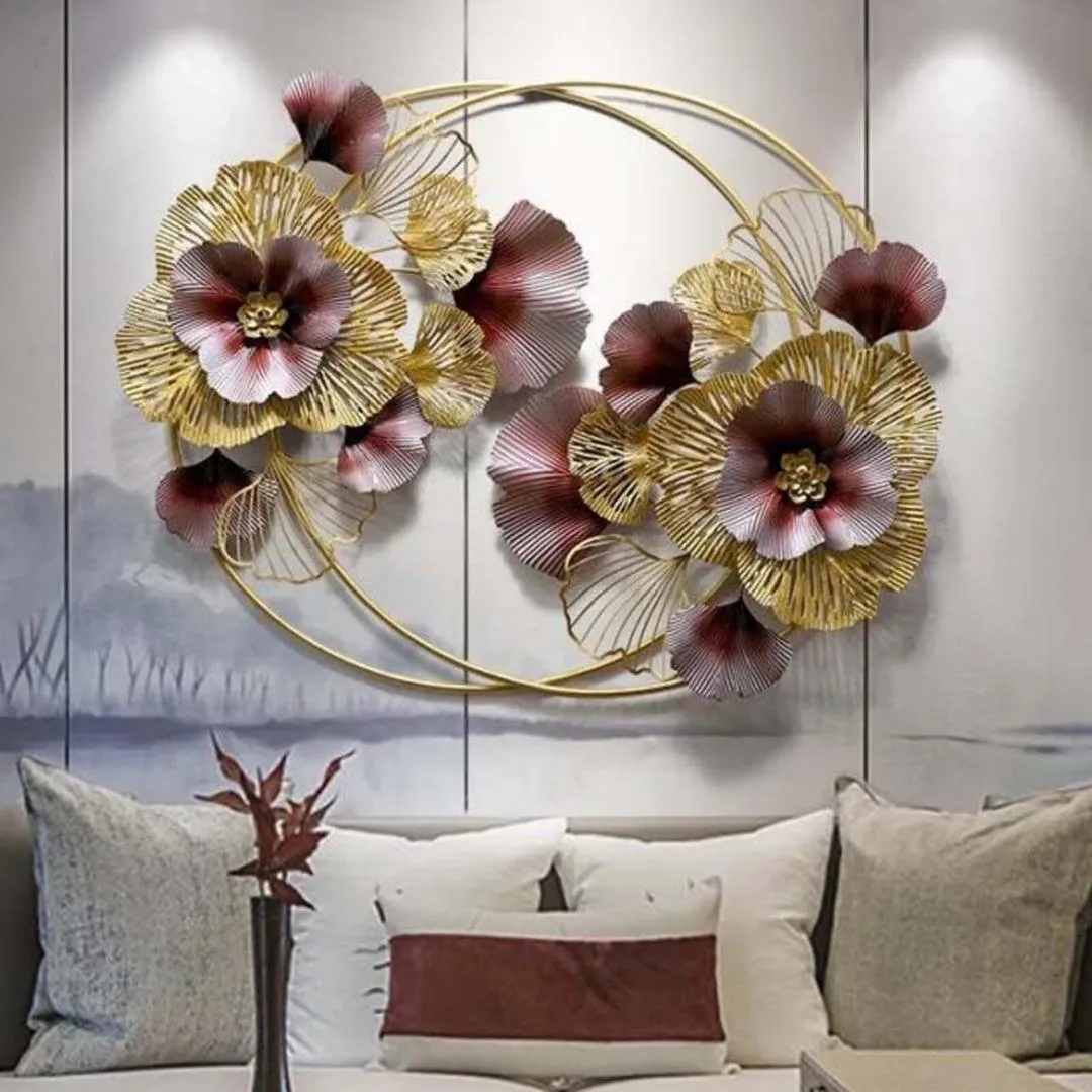 Large-Dark-Red-and-Golden-Floral-Double-Ring-Wall-Art-for-Living-Room