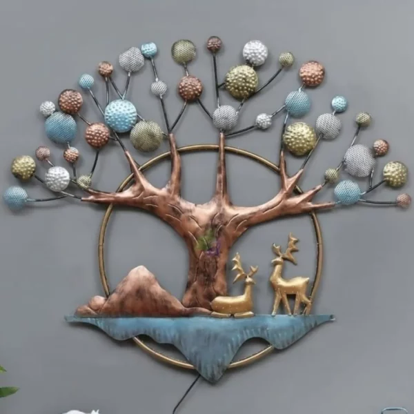 LED Light Deers Under Tree & Full Moon Metal Art Wall Hanging for Home Decor - (Size-42×36 Inches)- Buy Unique Nature-Inspired Metallic Wall Art Decor Online