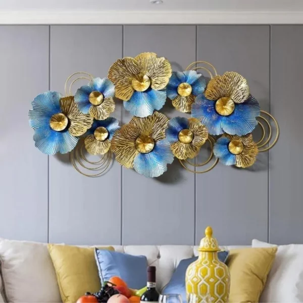 Elegant Golden & Blue Iron Leaf Panel Metal Wall Sculpture Online - Metal Flower Wall Hanging for Master Bedroom, Living Room Wall Decor(48x24 Inches)