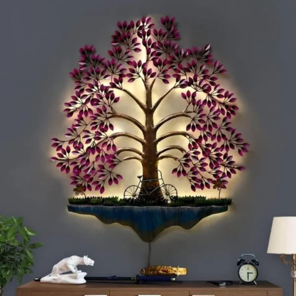 Large-Metal-Wall-Art-Cycle-Under-Purple-Tree-with-LED