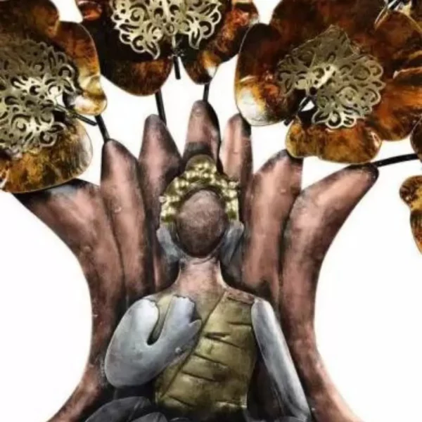 Online Premium Double Layer Leaves Buddha Under Tree Sculpture with LED Light, Buy Modern Spiritual Metal Wall Hangings for Home and Office Decor (L40×H44 Inches)