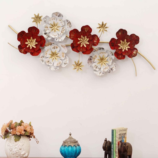 Large Red and White Floral Metal Wall Art for Living Room