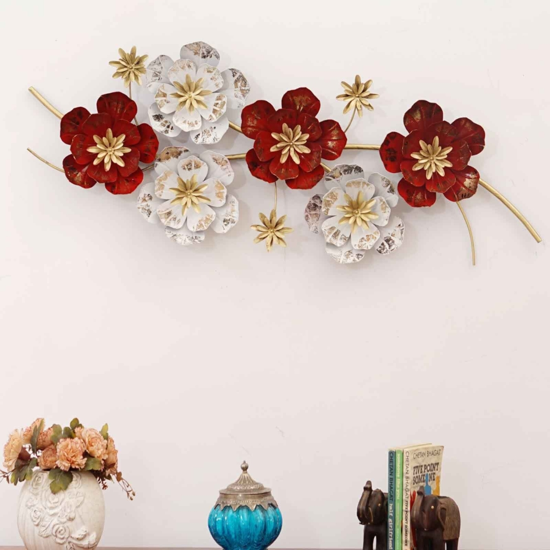 Large Red and White Floral Metal Wall Art for Living Room