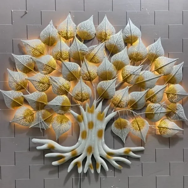 Handmade Metallic White Golden Leaf Tree Wall Sculpture with LED Lights (48"×48") - Buy Botanical Metal Wall Decor for Living Room and Bedroom Online