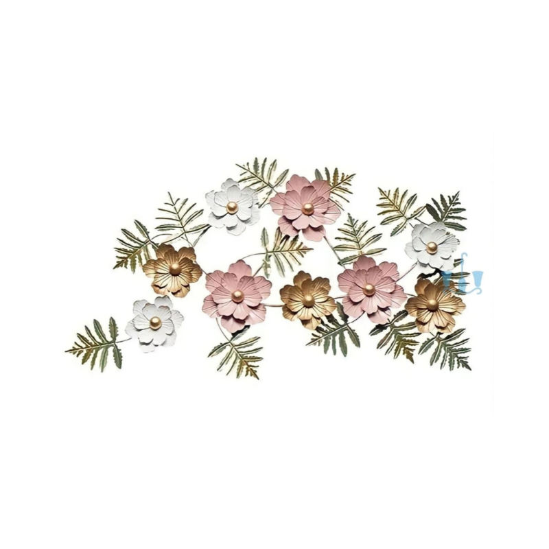 Metal Wall Art for Living Room Decor - Pink & White Floral Leaf
