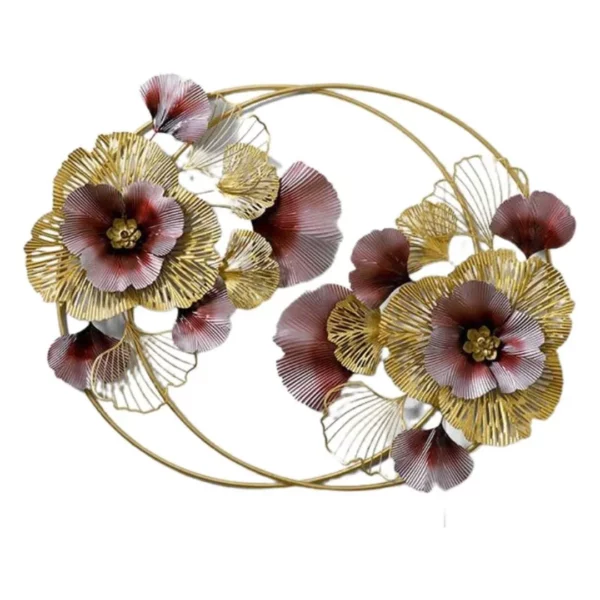Modern Dark Red and Golden Floral Double Ring Wall Art Online - Buy Luxury Multicolor Flowers Wall Decor in India (Size-50×30 Inches)