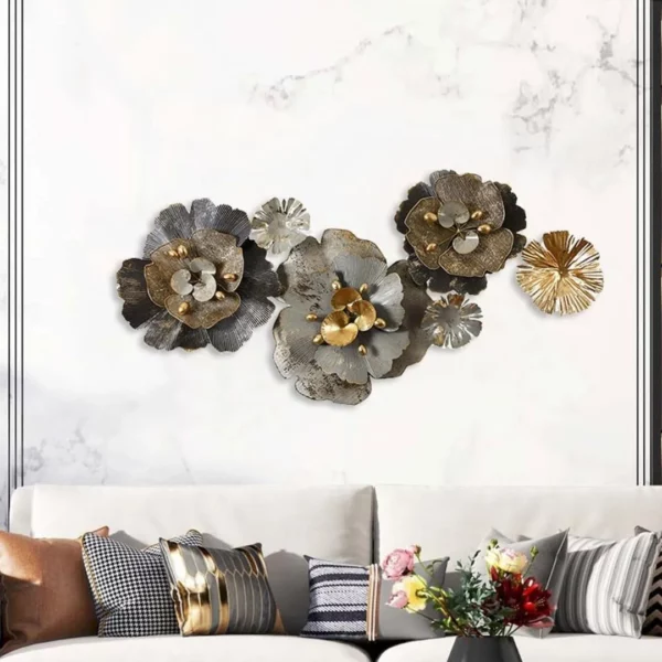 Multicolour-Golden-Flowers-Decorative-Metal-Wall-Sculpture