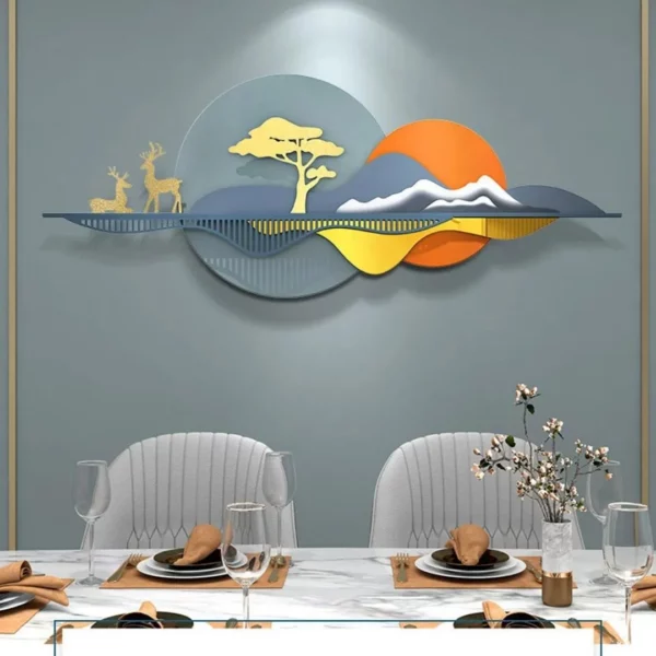 Online Metallic 3D Farmhouse Nature Landscape Wall Art Home Decor - Buy Artistic Mountain, Tree, and Deer Metal Sculpture with LED Lights in India (52x24 Inches)
