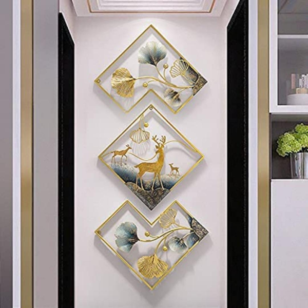 Metallic Big Deer and Ginkgo Leaves Frame Set Wall Hanging Online - Buy Nature-Inspired Gold & Blue Design Wall Art (Set of 3) for Living Room, Office, Hotel, Bedroom (Size-48×21 Inches)