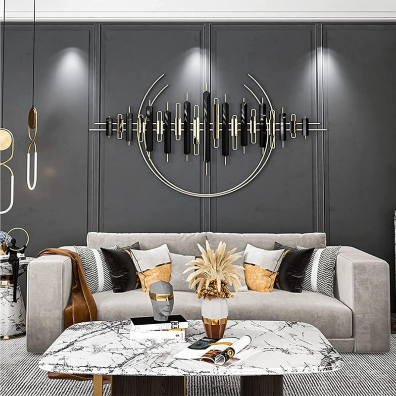 Titanium Metal Wall Art Hanging Online - Black & Golden Double Round Mettalic Rings Decor (48×24 Inches) - Image 2